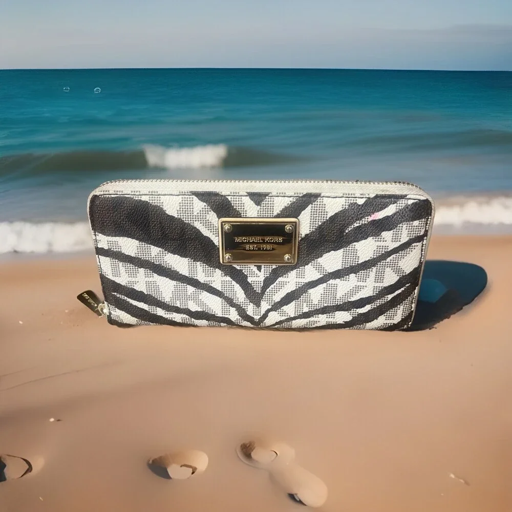 Michael Kors MK Signature Zebra Wallet Jet Set Zip Around Continental Wallet